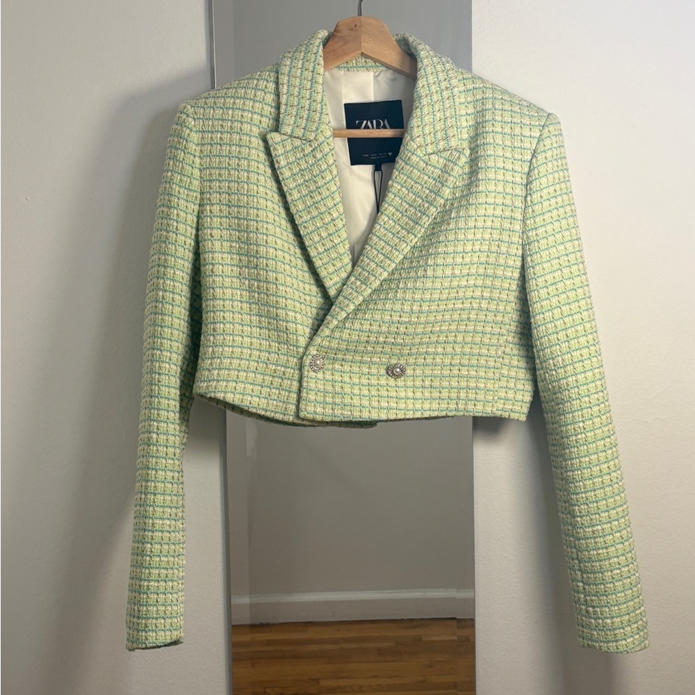 Zara Green Cropped Blazers & Suit Jackets